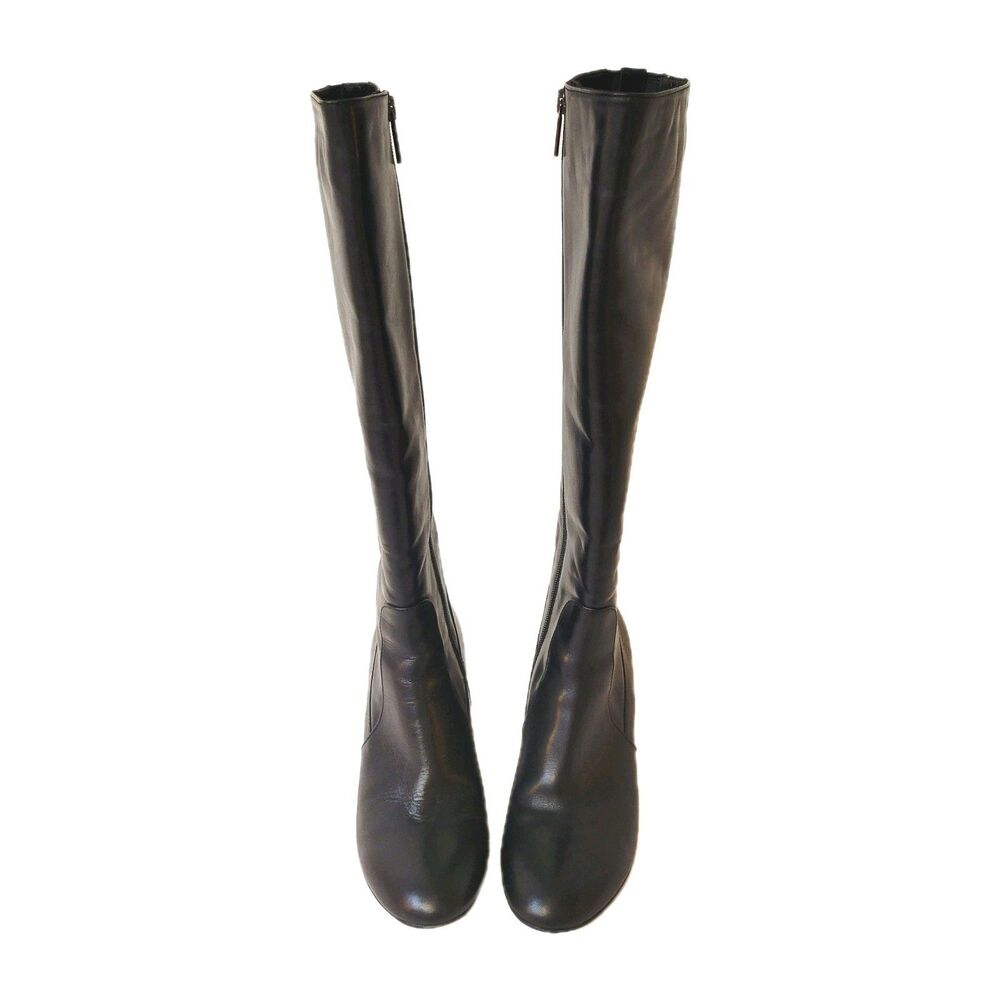 Aquatalia Black Leather Knee High Boots Stretch Back Block Heel Italy Women 8 - Picture 2 of 12